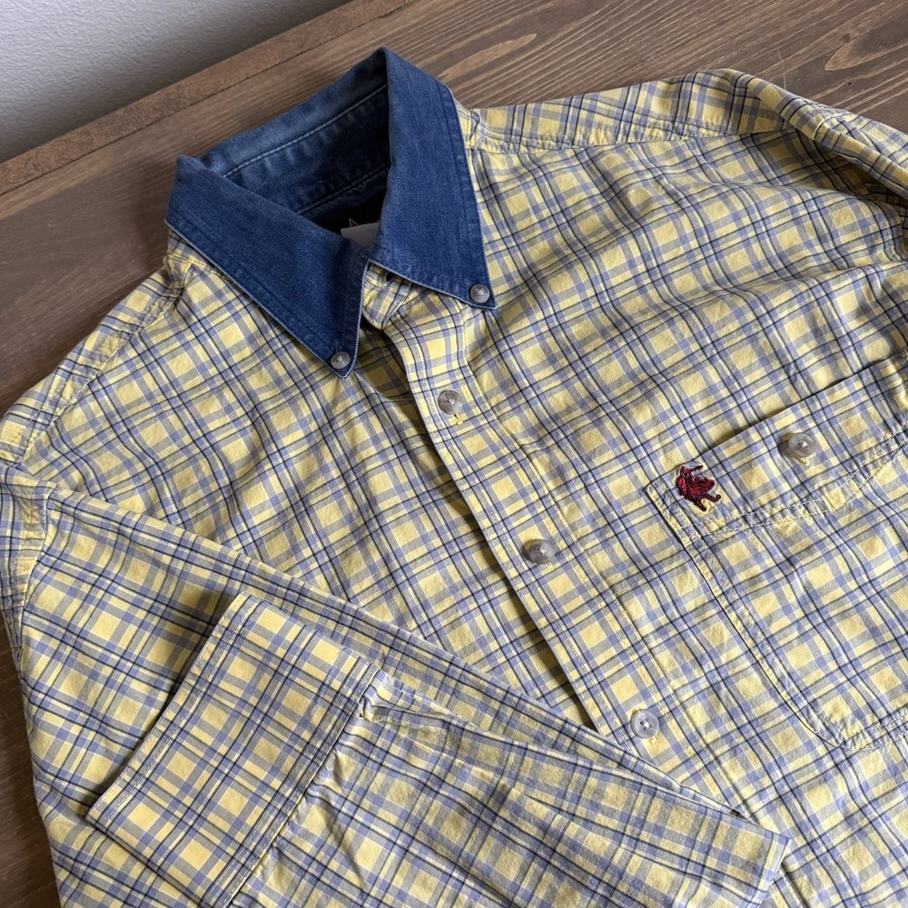 PBR Men's‎ Large Plaid Denim Collar Vintage Long Sleeve Button Down Shirt Top